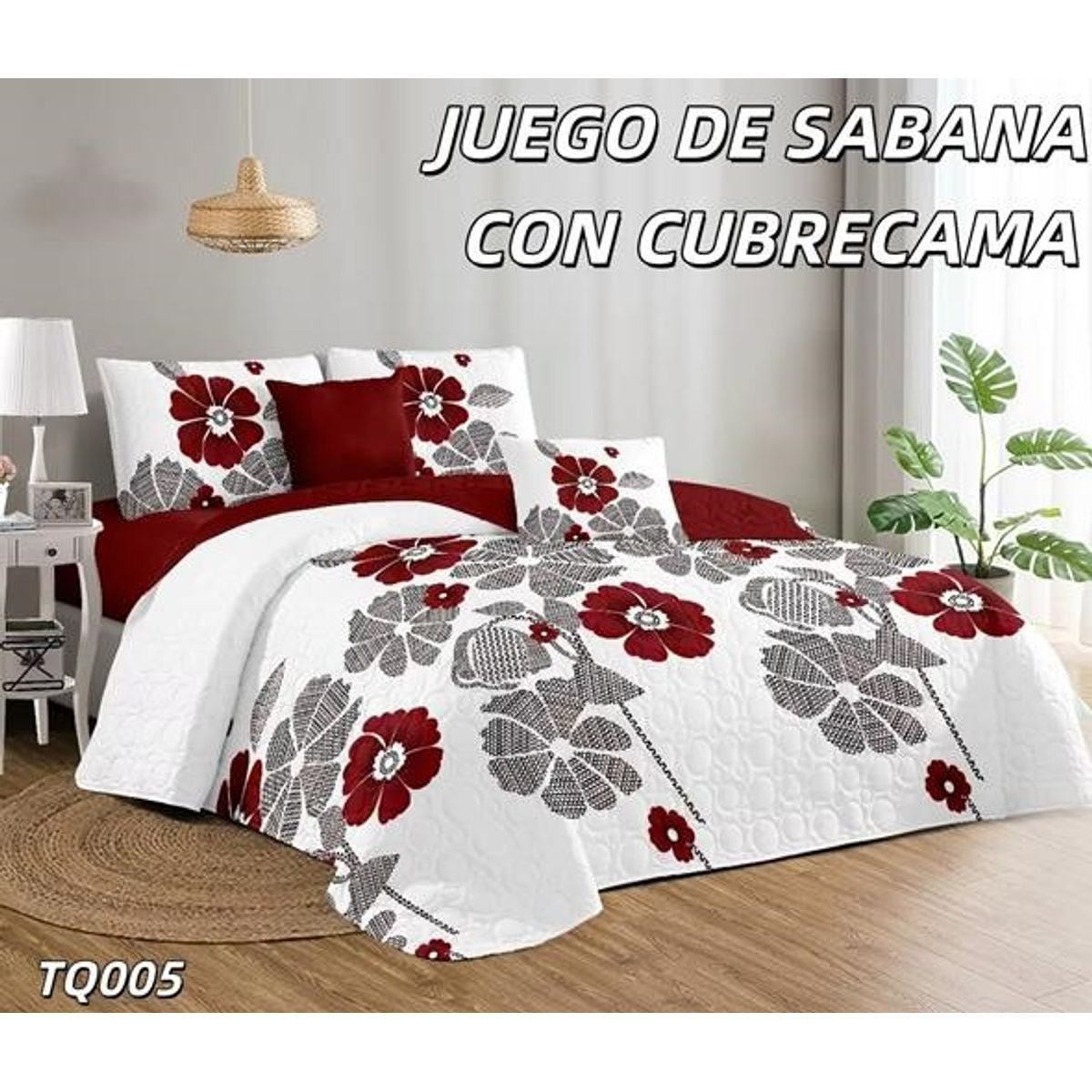 GENERICO - Cobertor tipo Quilt de Verano + Juego de Sabanas 2 plazas Rojo Flores