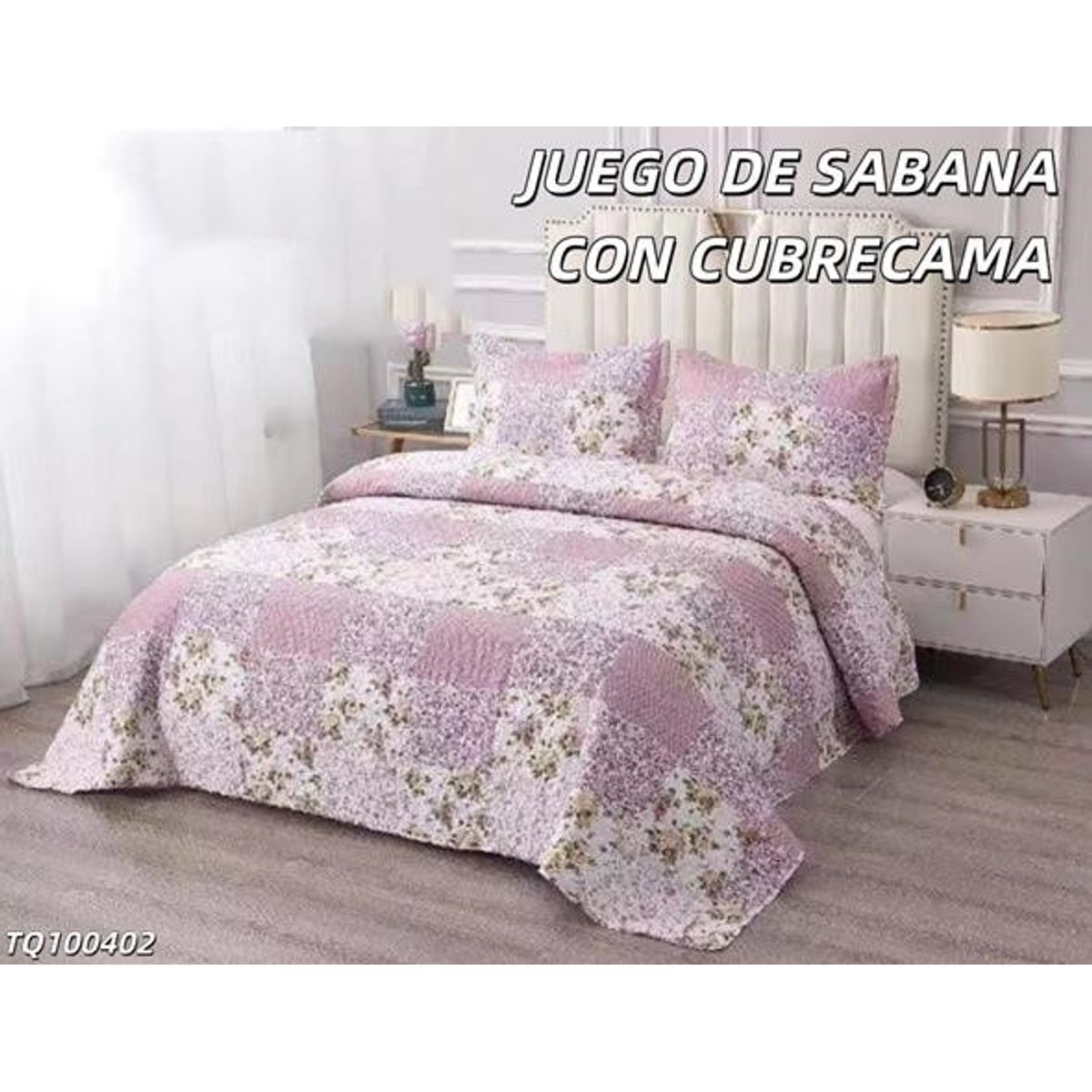 GENERICO - Cobertor tipo Quilt de Verano + Juego de Sabanas 2 plazas Flores