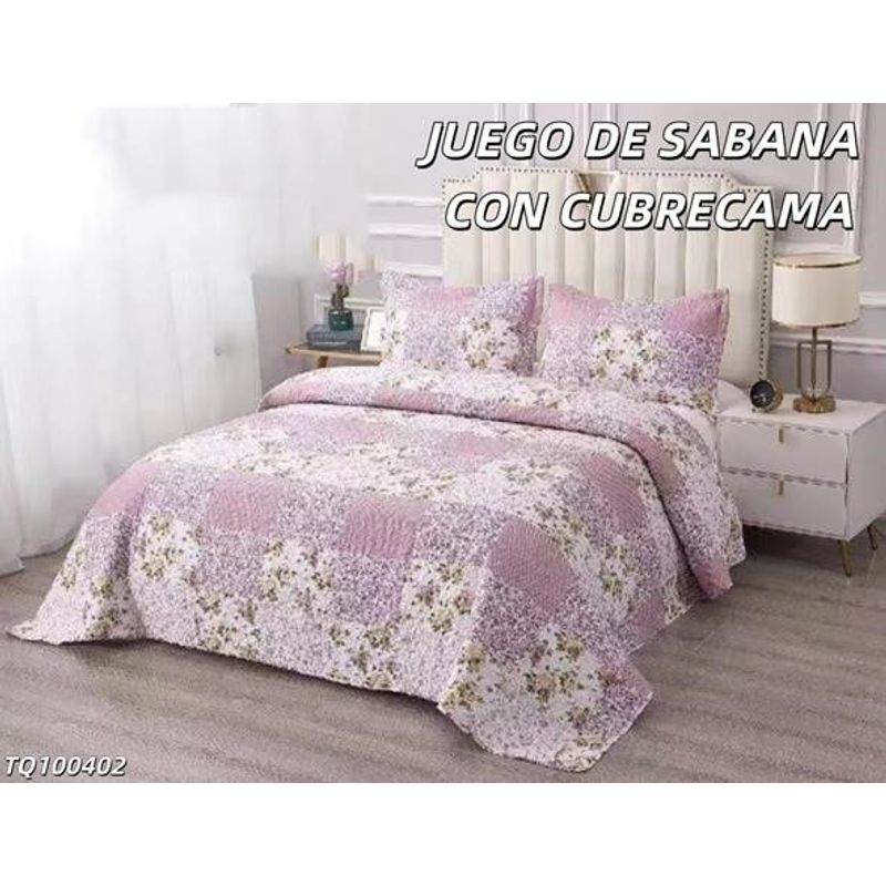 GENERICO - Cobertor tipo Quilt de Verano + Juego de Sabanas 2 plazas Flores