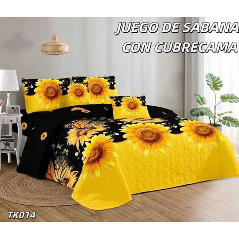 GENERICO - Cobertor tipo Quilt de Verano con Juego de Sabanas King - Girasoles