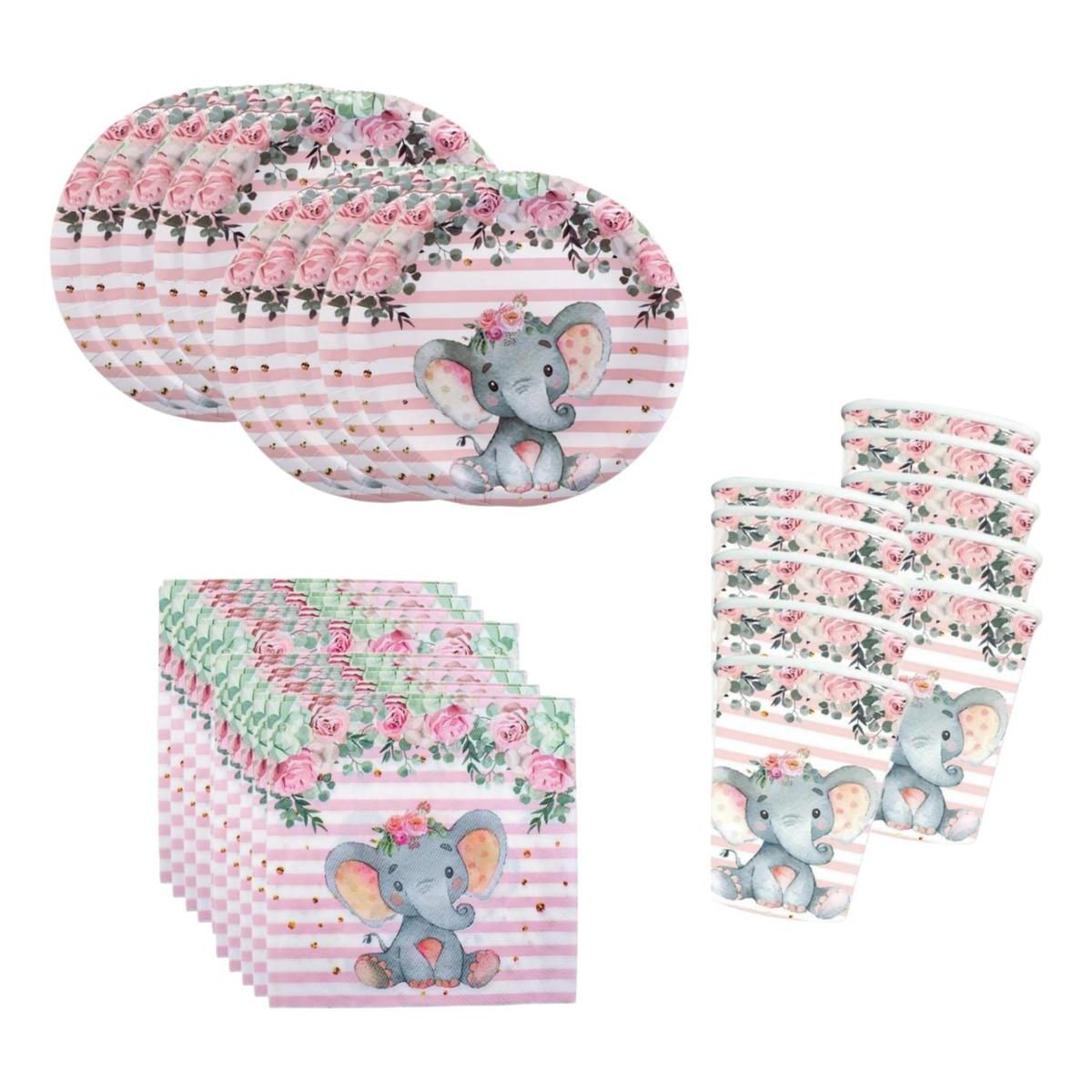 GENERICO - Pack de Fiesta Elefante para Baby Shower Niña 40 Piezas