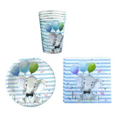 GENERICO - Vajilla Temática Elefante Azul para Baby Shower Kids