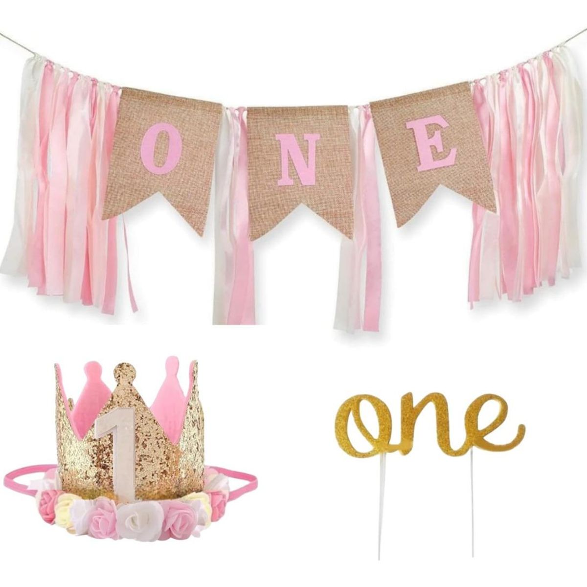 GENERICO - Set de Decoración Rosa para el Primer Cumpleaños de Niña