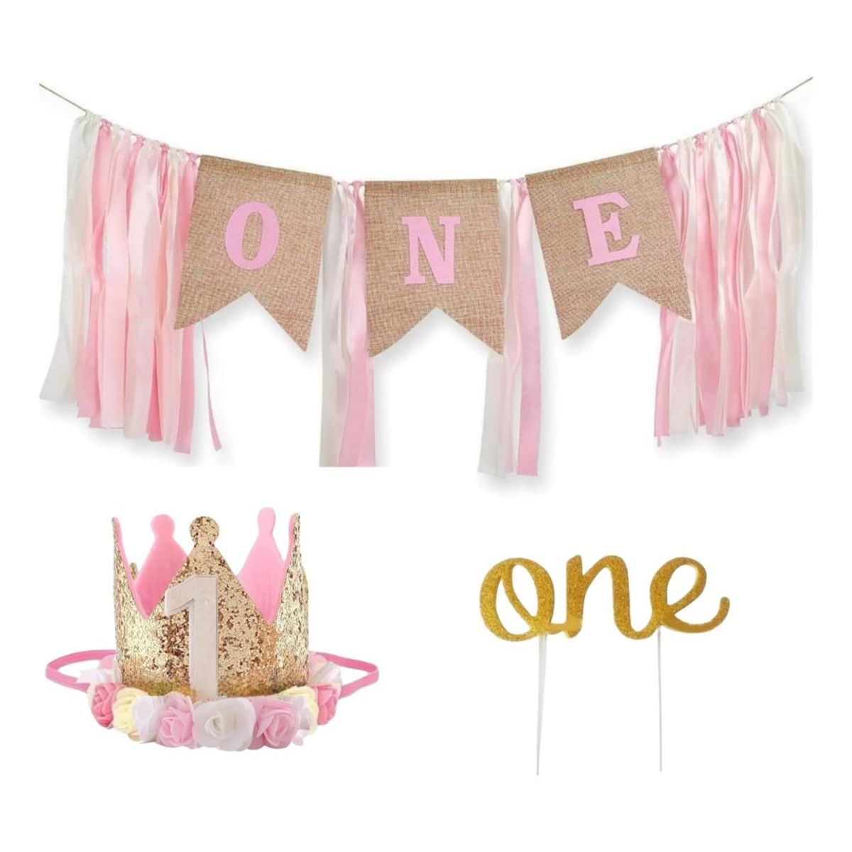 GENERICO - Set de Decoración Rosa para el Primer Cumpleaños de Niña