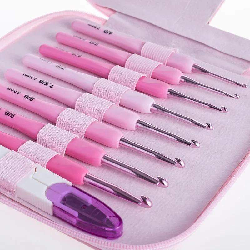 GENERICO - Set de Crochet en Rosado con Estuche de Eco Cuero 9 Piezas