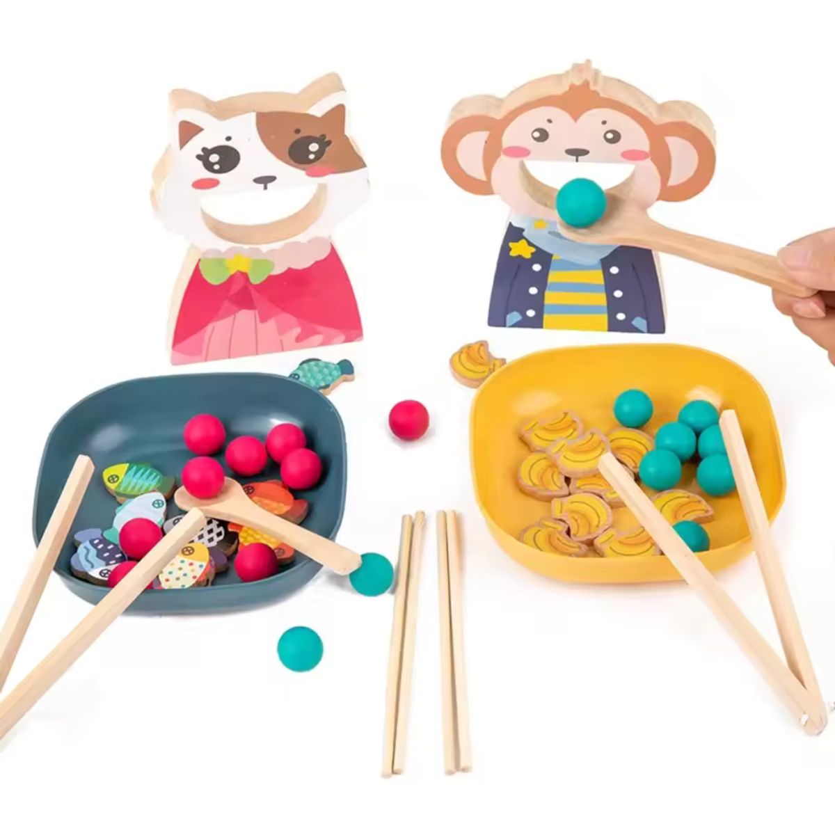 ABC - Juguete Educativo de Madera - Mono y Gatito Recoge Porotos