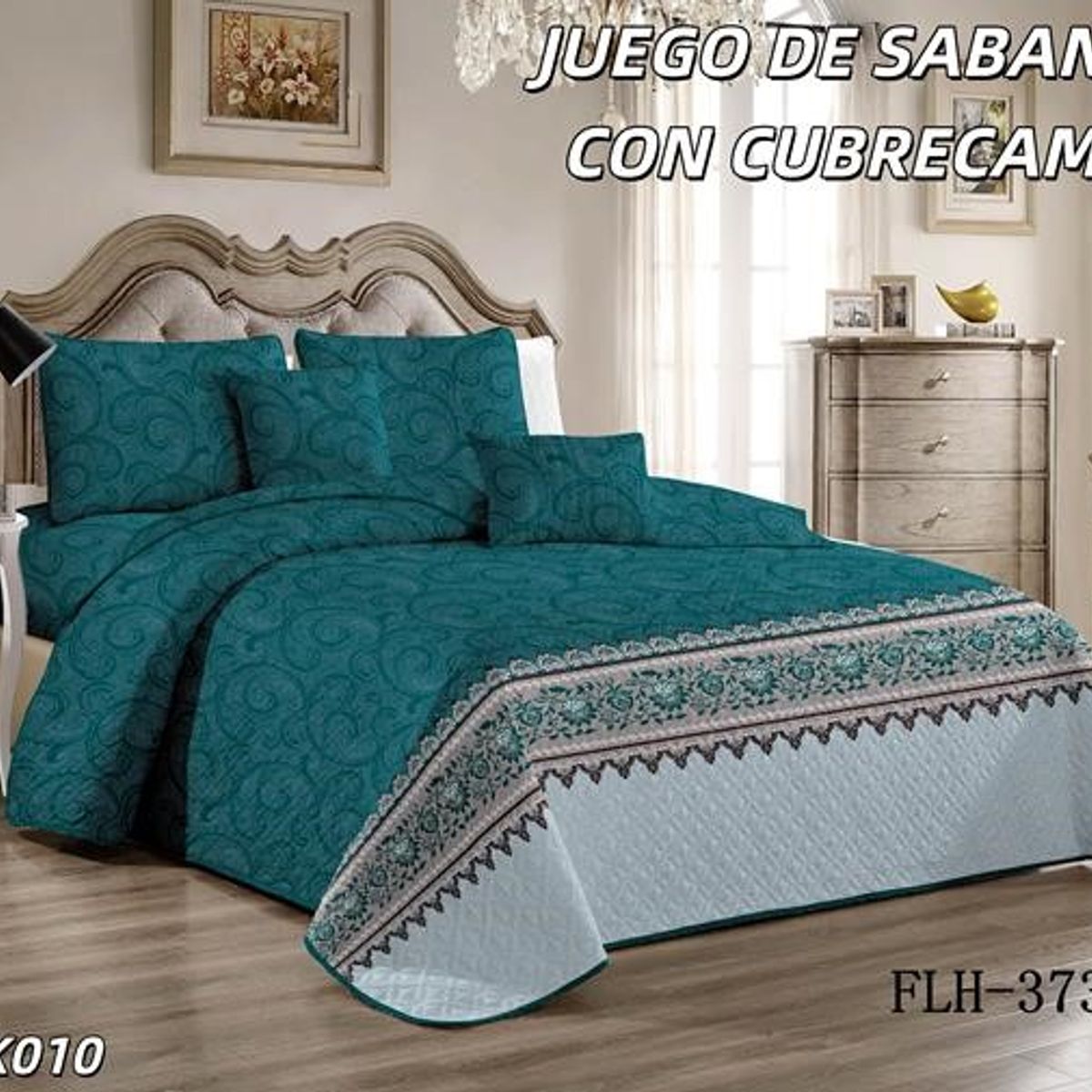 GENERICO - Cobertor tipo Quilt de Verano con Juego de Sabanas King - Turquesa 373