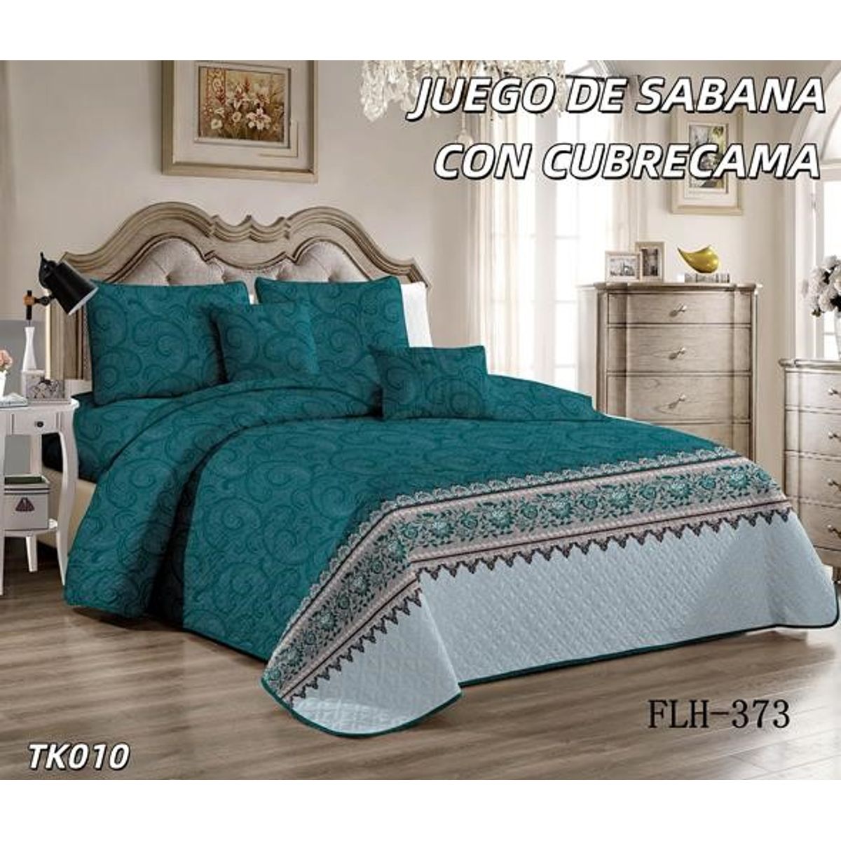 GENERICO - Cobertor tipo Quilt de Verano con Juego de Sabanas King - Turquesa 373