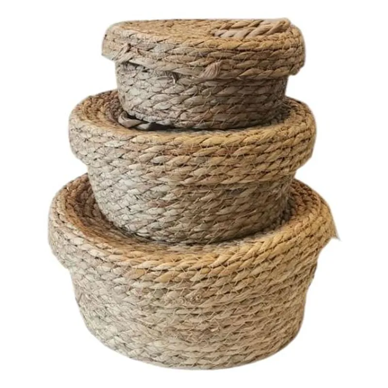 GENERICO - Set de 3 Canastos Redondos de Yute con Tapa para Organizar