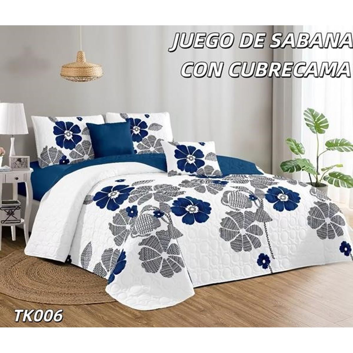 GENERICO - Cobertor tipo Quilt de Verano con Juego de Sabanas King - Azul Flor