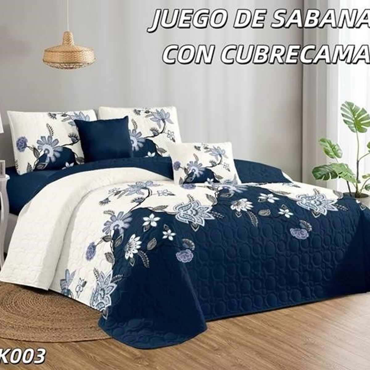 GENERICO - Cobertor tipo Quilt de Verano con Juego de Sabanas King - Blanco Flor
