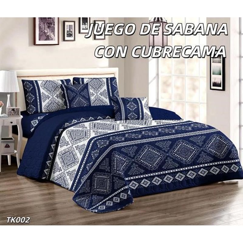 GENERICO - Cobertor tipo Quilt de Verano con Juego de Sabanas King - Azul Blanco