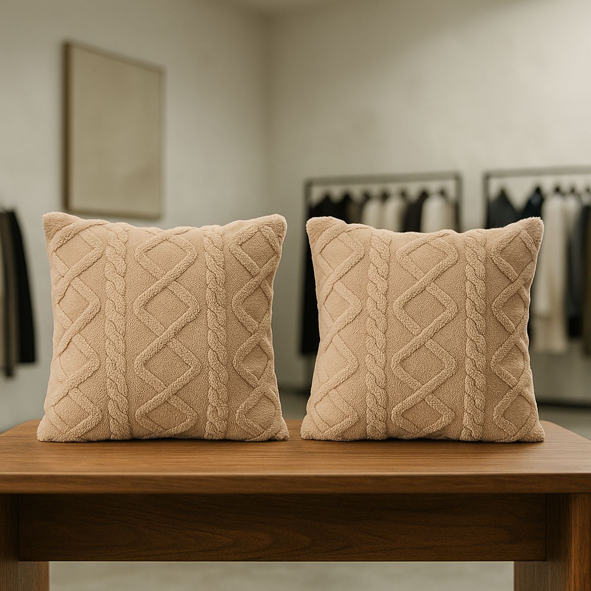 ARMONIA - Pack 2 fundas almohadón pelo trenzado beige textura suave hogar 758