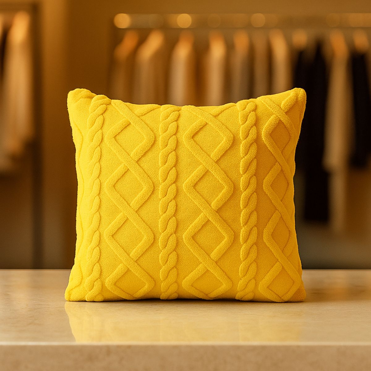 ARMONIA - Funda cojín pelo trenzado amarillo suave 45x45 decoración 758