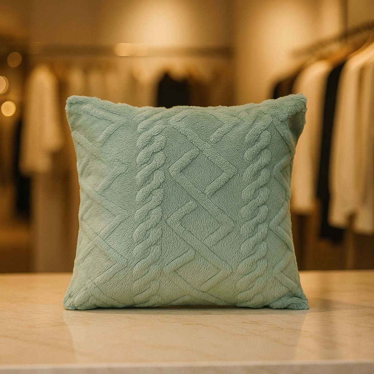 ARMONIA - Funda almohadón pelo trenzado turquesa textura suave hogar 758