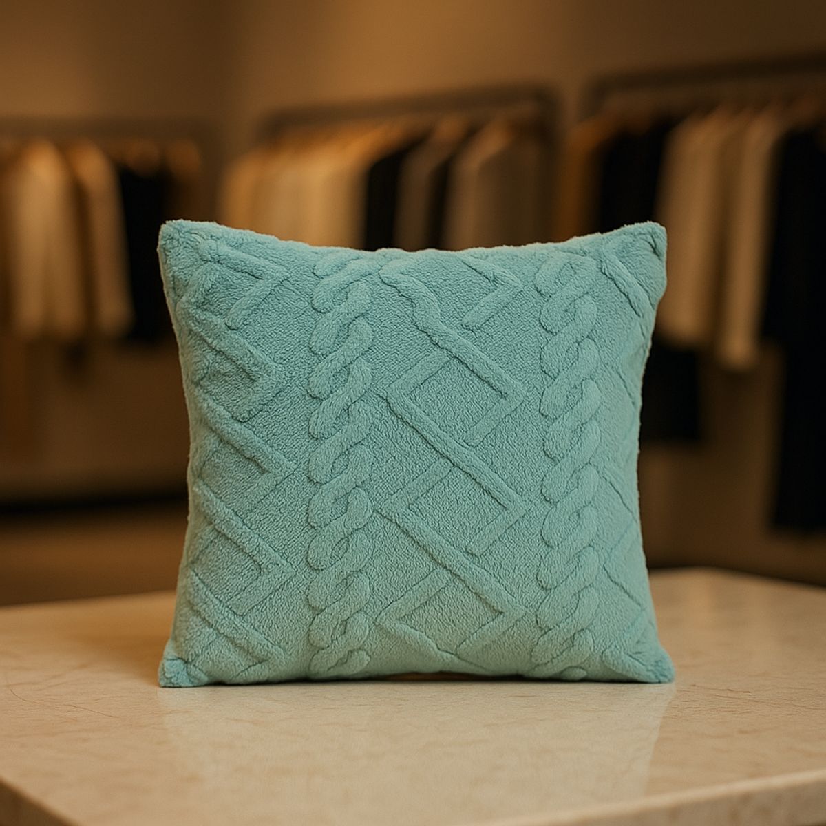 ARMONIA - Funda almohadón pelo trenzado turquesa textura suave hogar 758