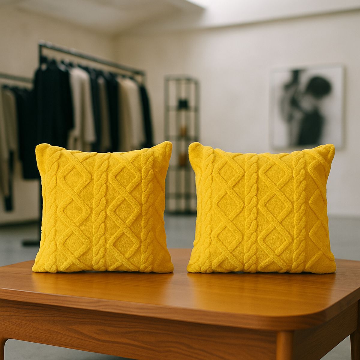 ARMONIA - Pack 2 fundas cojín trenzado amarillo suave peludo living Chile 758