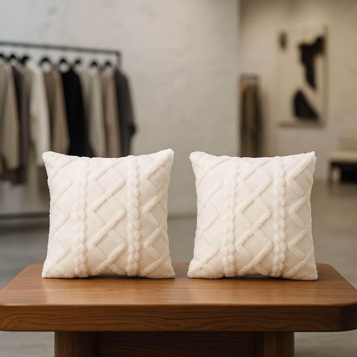 ARMONIA - Pack 2 fundas almohadón pelo trenzado blanco suave sofá 758