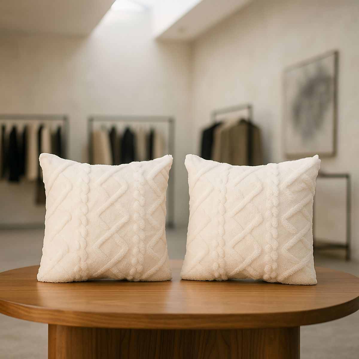 ARMONIA - Pack 2 fundas almohadón pelo trenzado blanco suave sofá 758