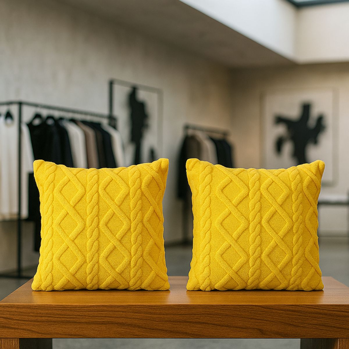 ARMONIA - Pack 2 fundas cojín trenzado amarillo suave peludo living Chile 758