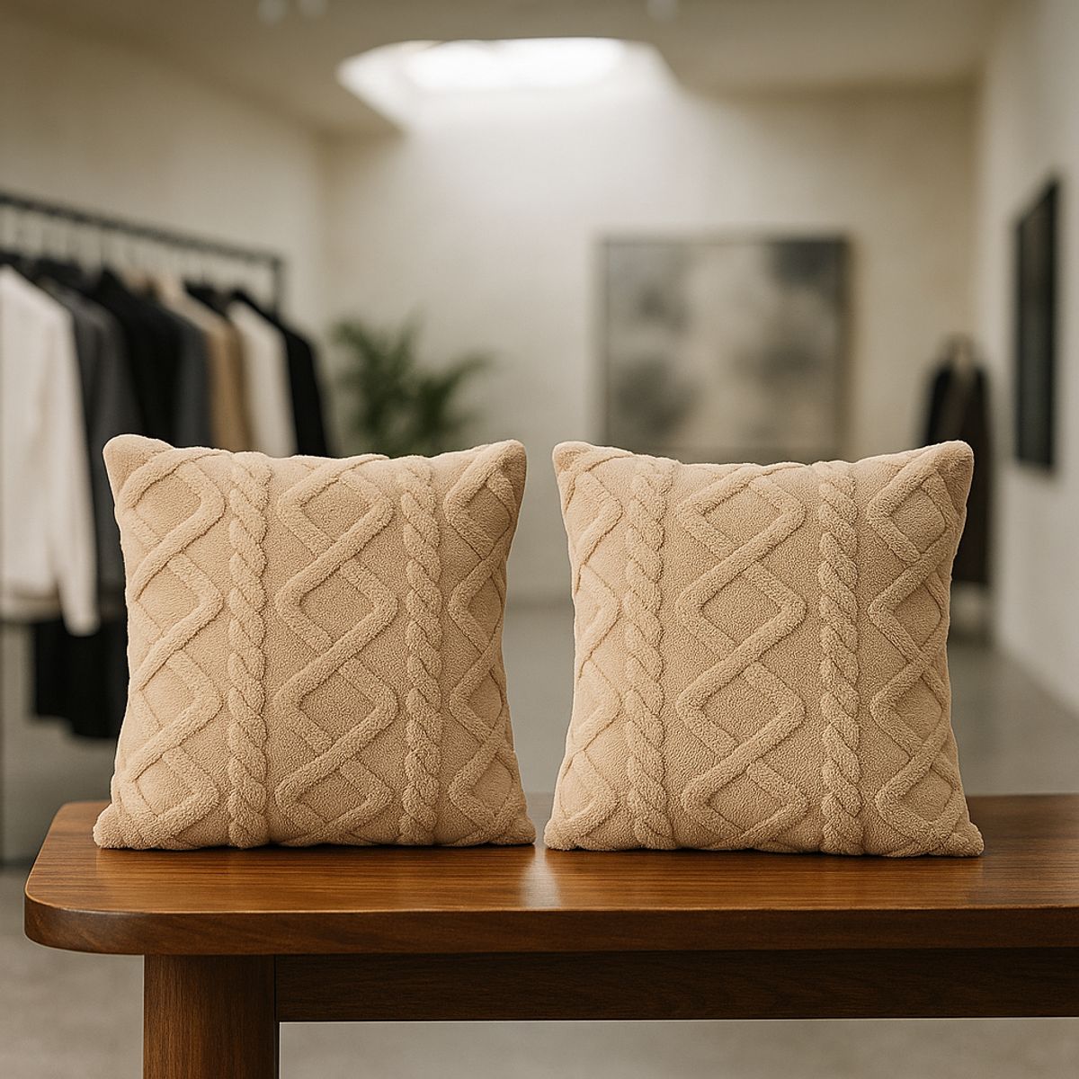 ARMONIA - Pack 2 fundas decorativas beige pelo trenzado cojín suave sala 758