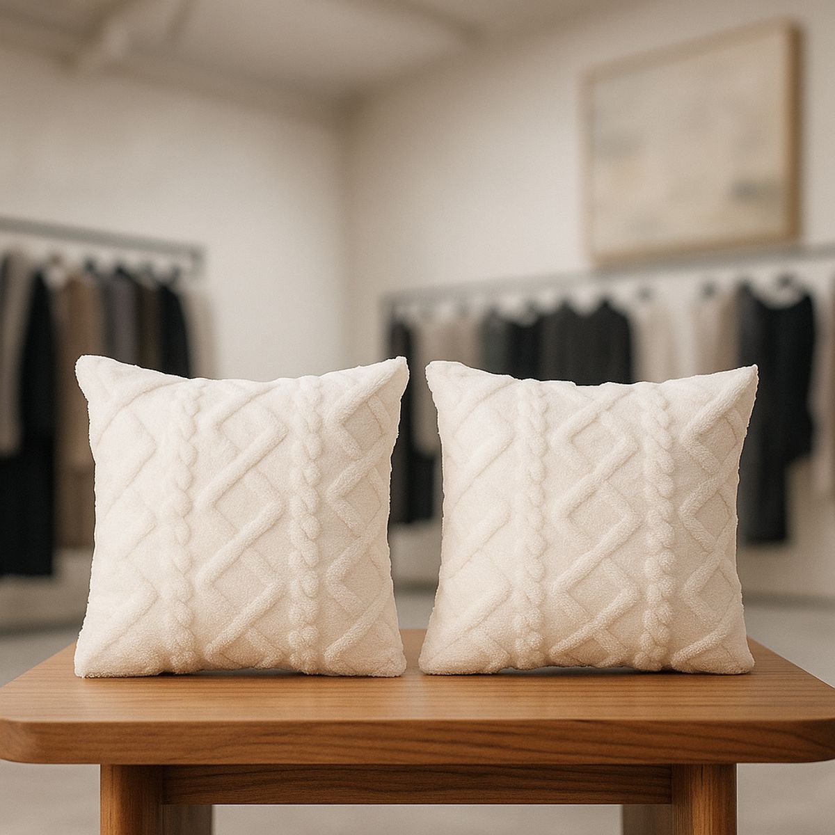 ARMONIA - Pack 2 fundas cojín pelo trenzado blanco suave 45x45 decoración 758