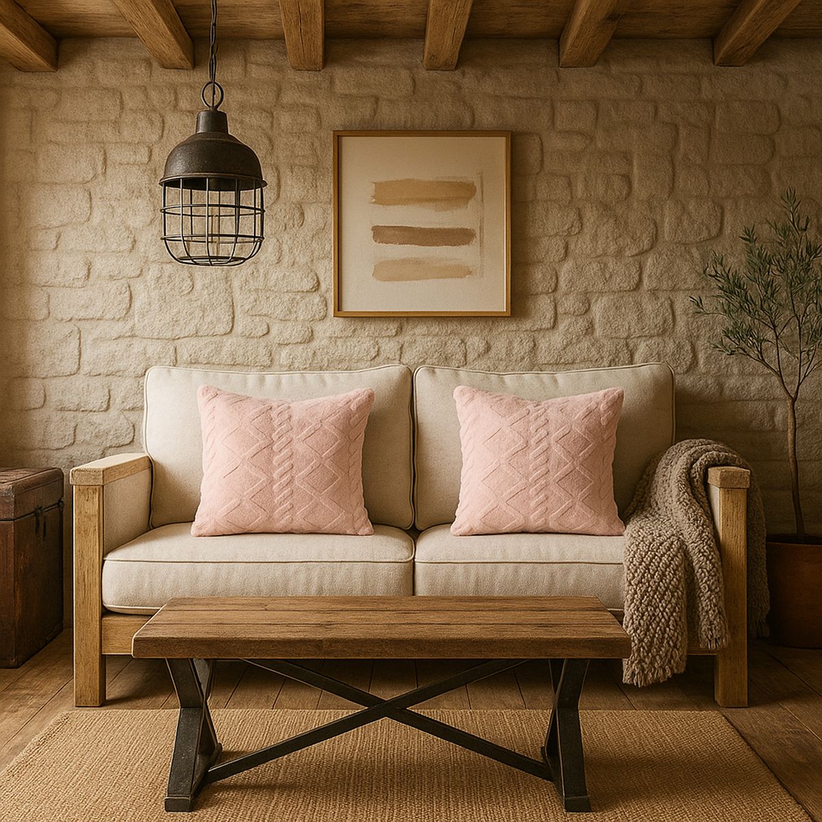 ARMONIA - Pack 2 fundas cojín rosa pelo trenzado suave dormitorio 758