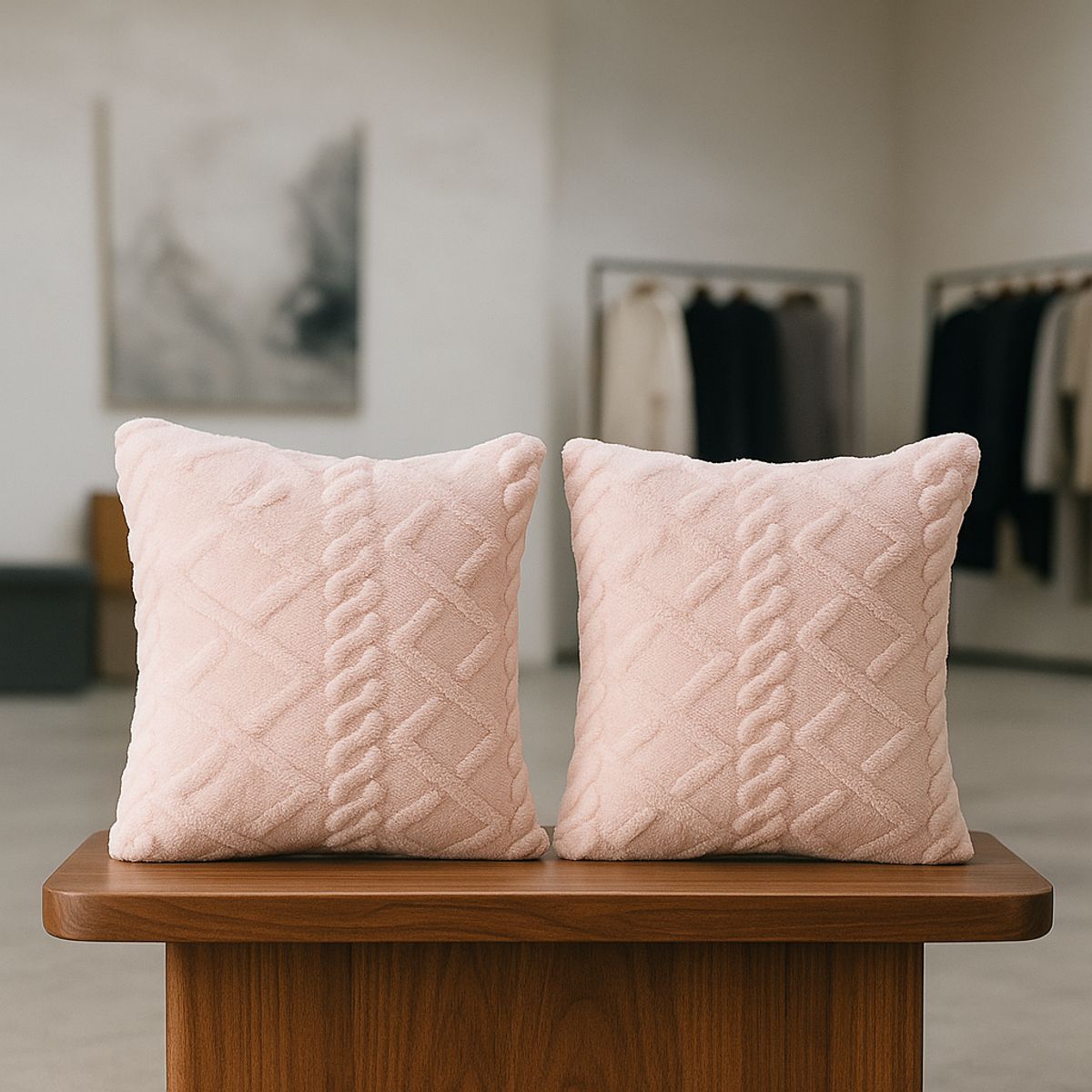 ARMONIA - Pack 2 fundas cojín suave pelo trenzado rosa estilo boho 758