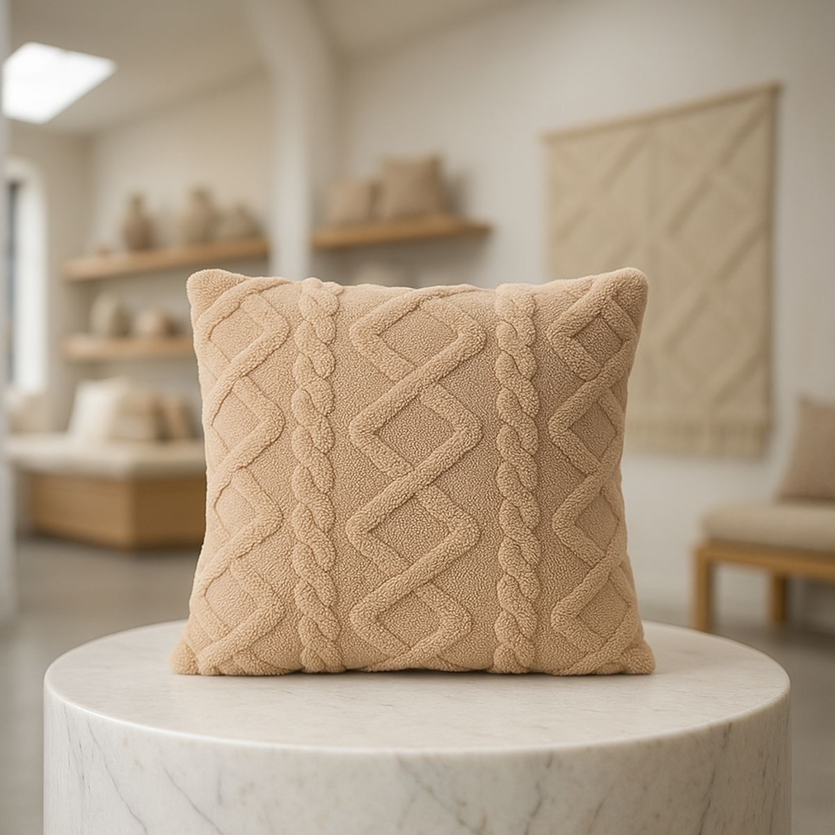 ARMONIA - Funda cojín trenzado beige suave peludo living Chile 758