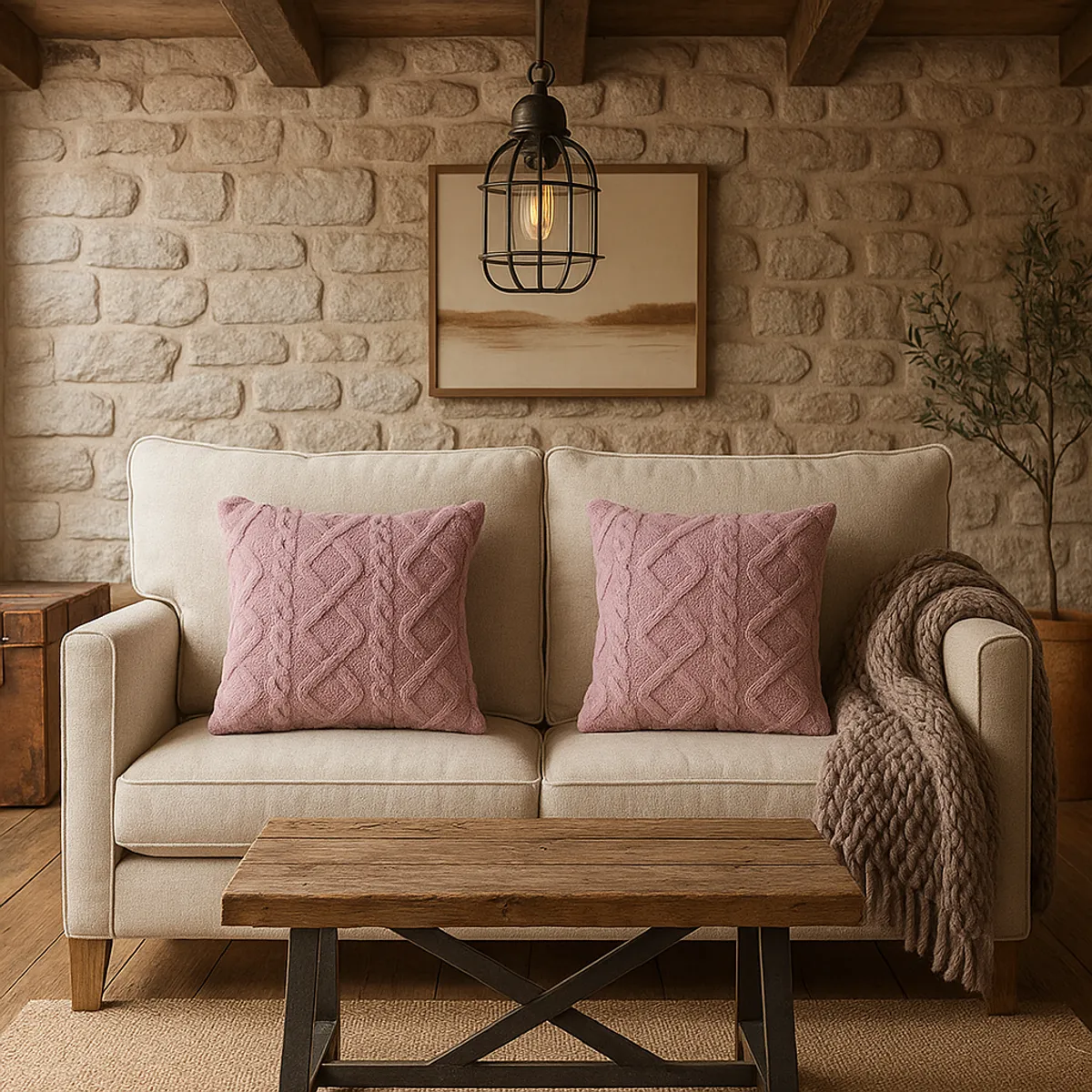 ARMONIA - Pack 2 fundas almohadón lila pelo trenzado textura suave hogar 758