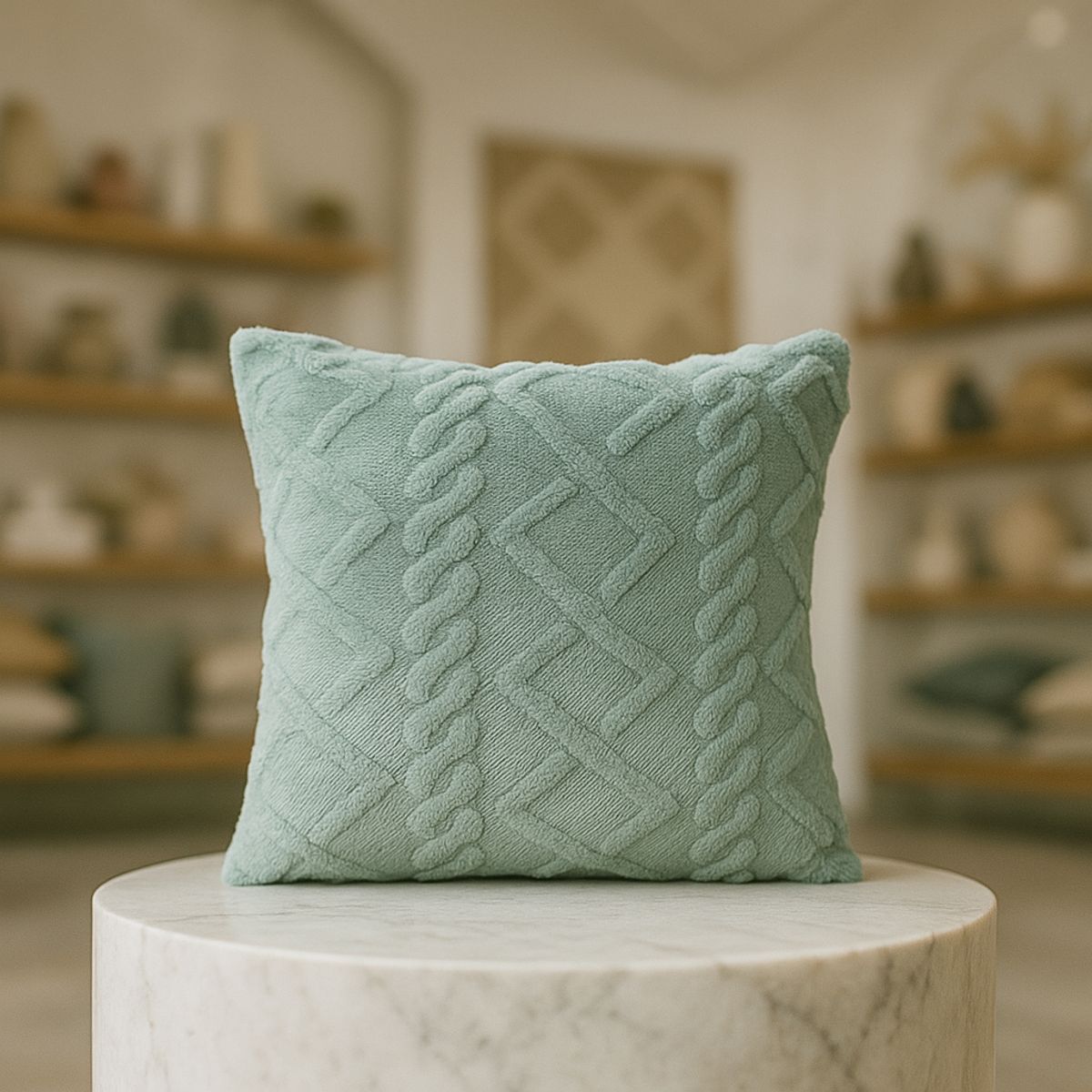 ARMONIA - Funda cojín pelo trenzado turquesa suave 45x45 decoración 758