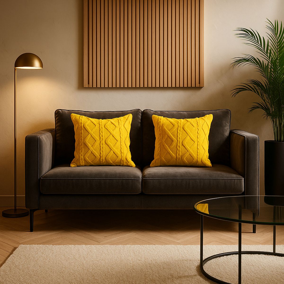 ARMONIA - Pack 2 fundas cojín pelo trenzado amarillo suave 45x45 decoración 758