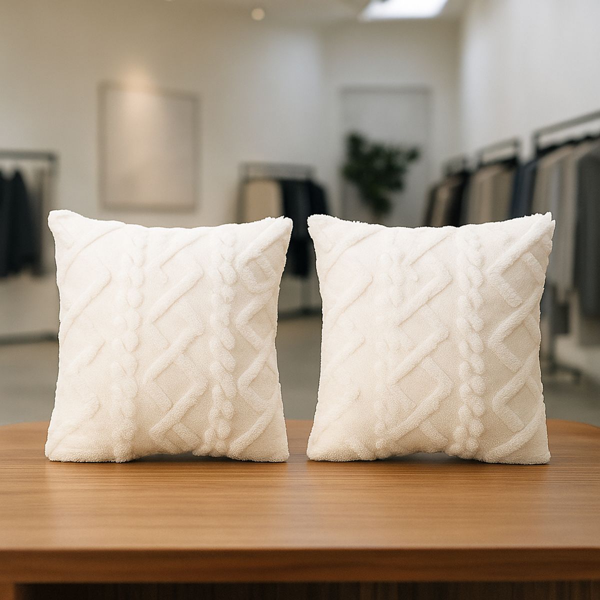 ARMONIA - Pack 2 fundas decorativas pelo trenzado blanco suave living Chile 758