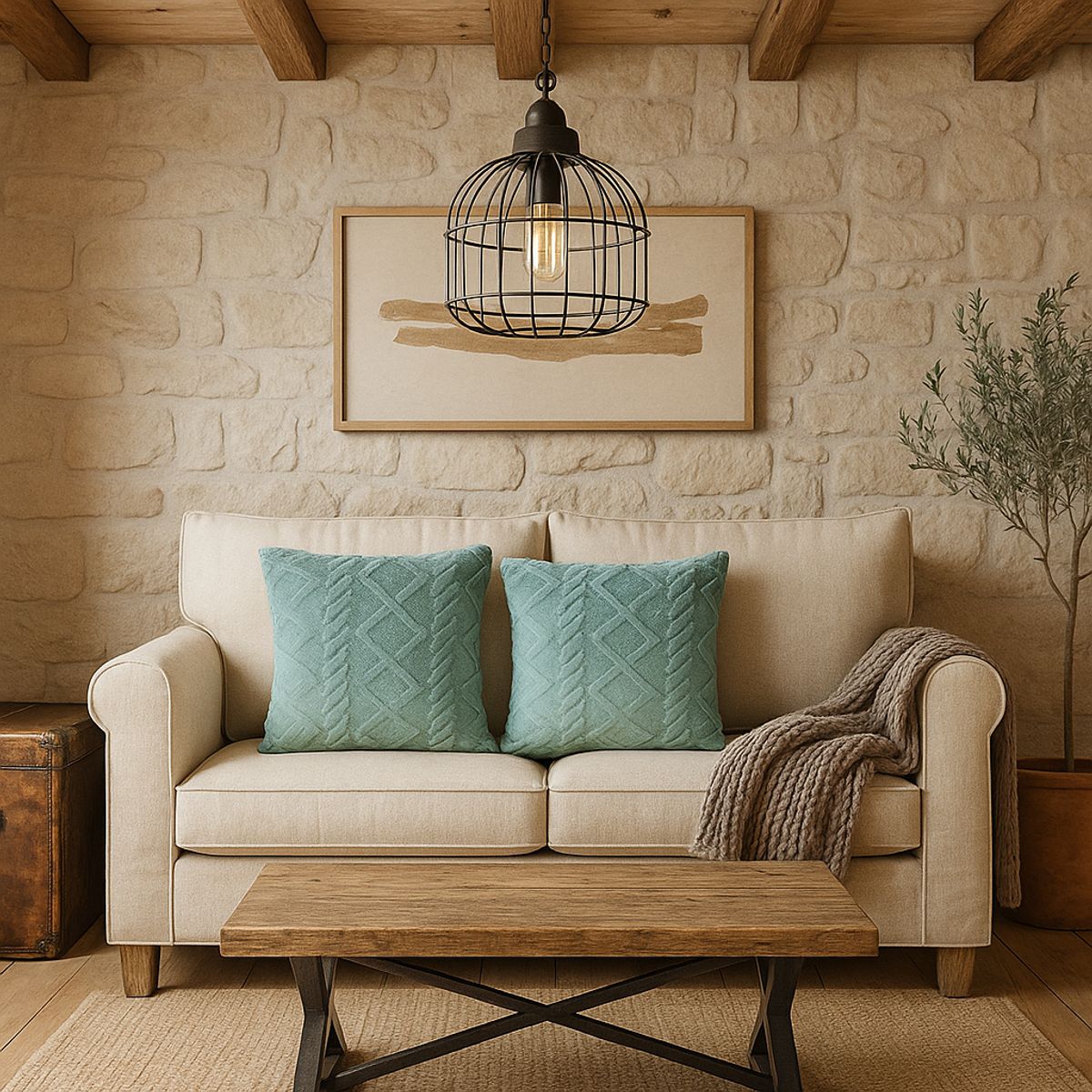 ARMONIA - Pack 2 fundas cojín suave pelo trenzado turquesa estilo boho 758