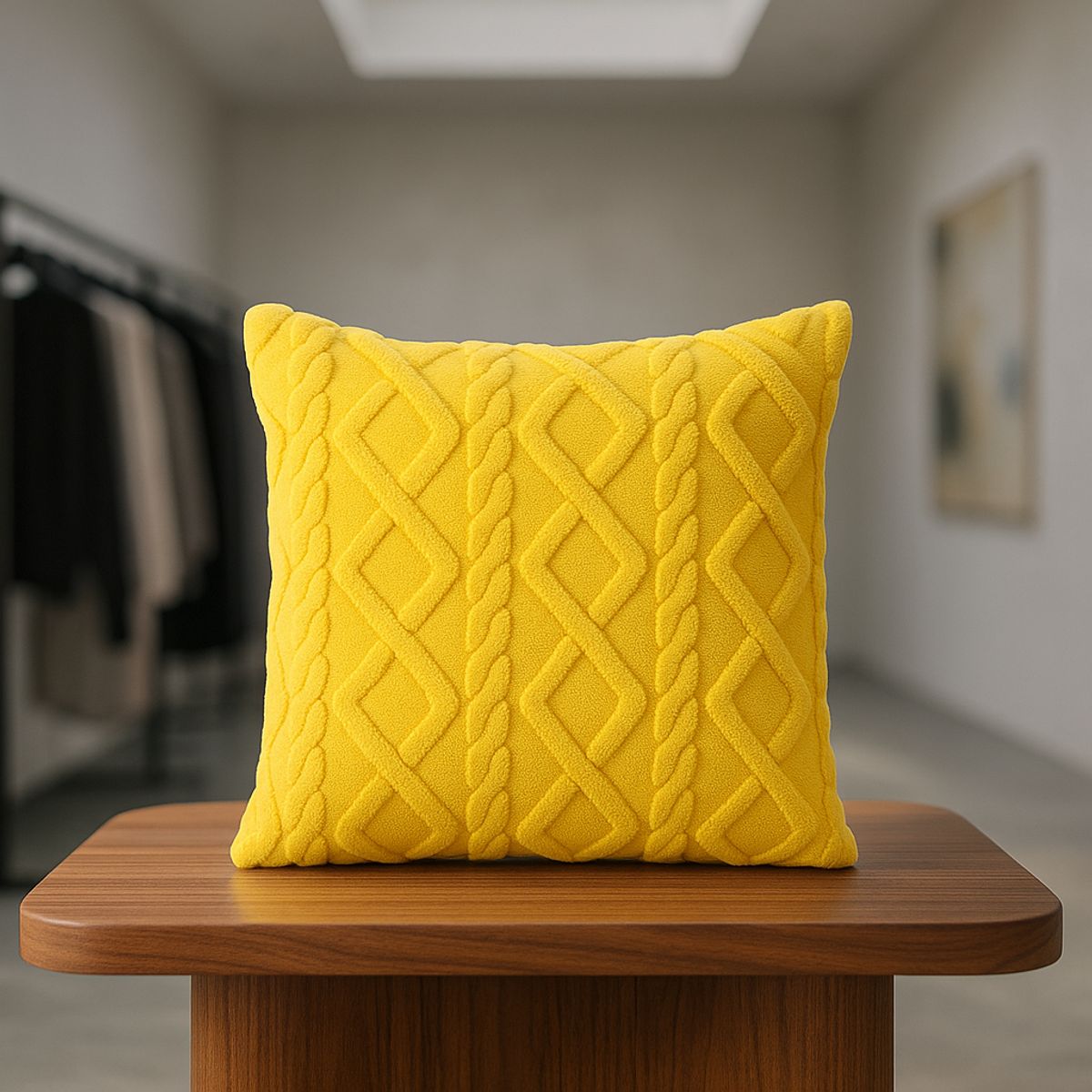 ARMONIA - Funda cojín trenzado amarillo suave peludo living Chile 758