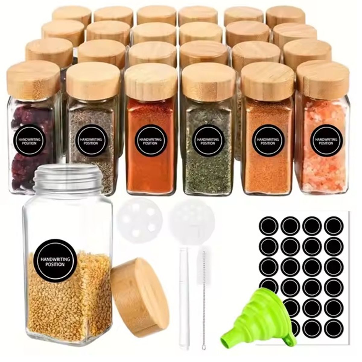 GENERICO - Set 24 frascos de vidrio condimentos. Tapa de bambú+accesorios (120ml)