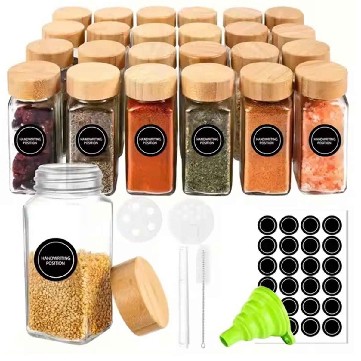 GENERICO - Set 24 frascos de vidrio condimentos. Tapa de bambú+accesorios (120ml)