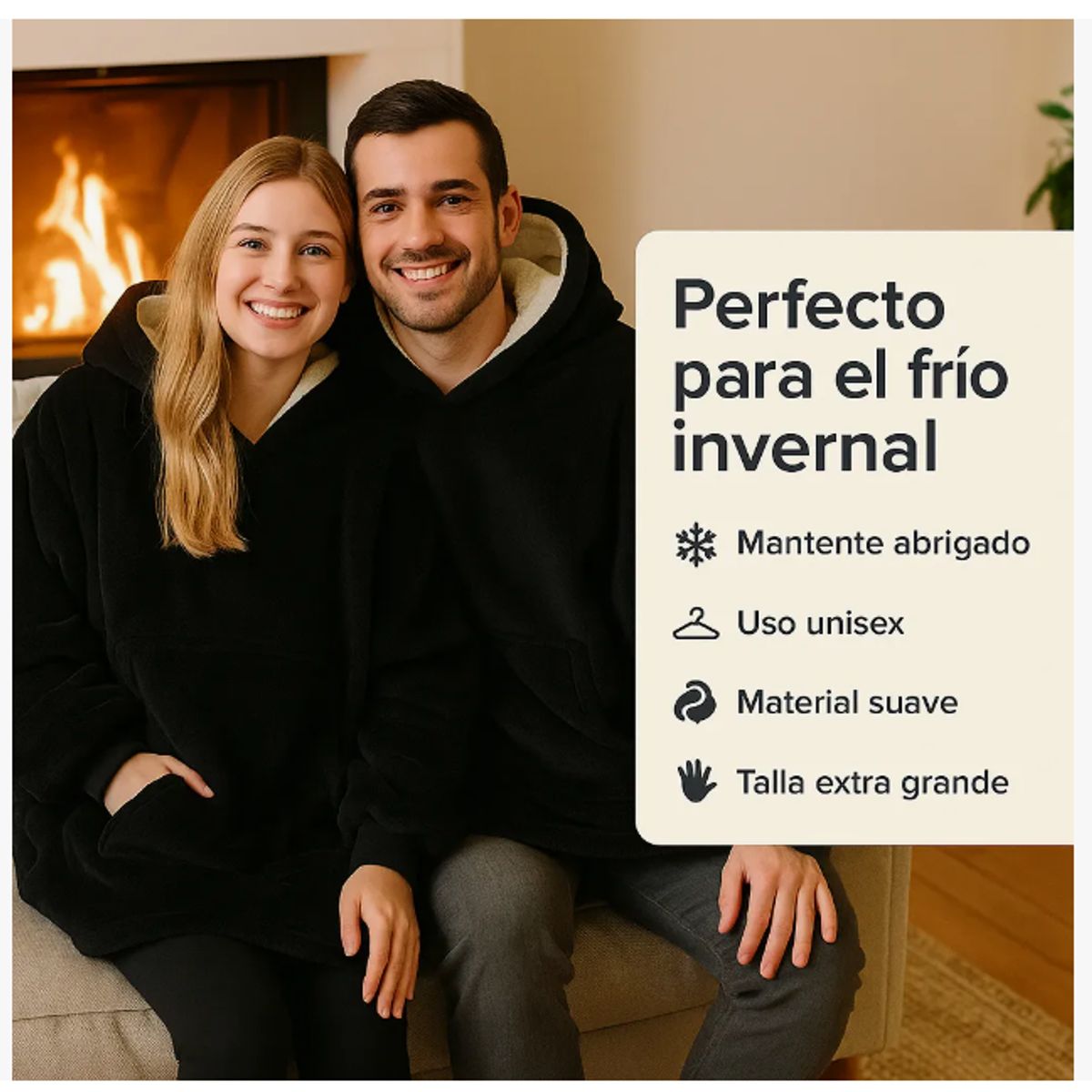 EVERSO - Poleron Felpa Con Capucha Manta Polar Bata Frazada NEGRO