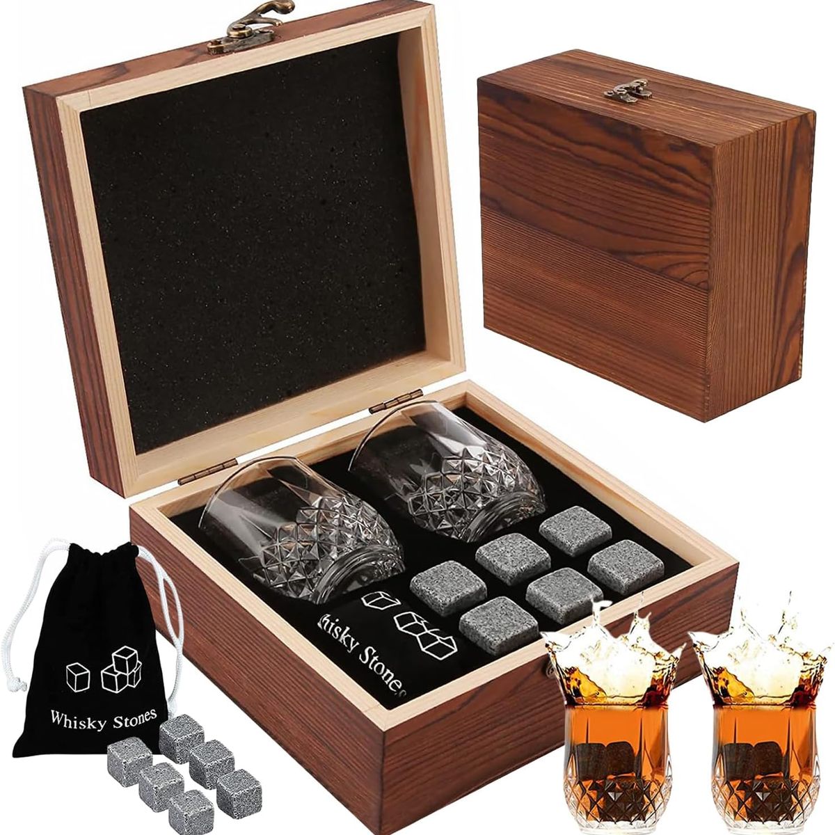 KUANGYE - Whiskey Stones Set Granito Chill+2 Vasos Whiskey Caja Madera