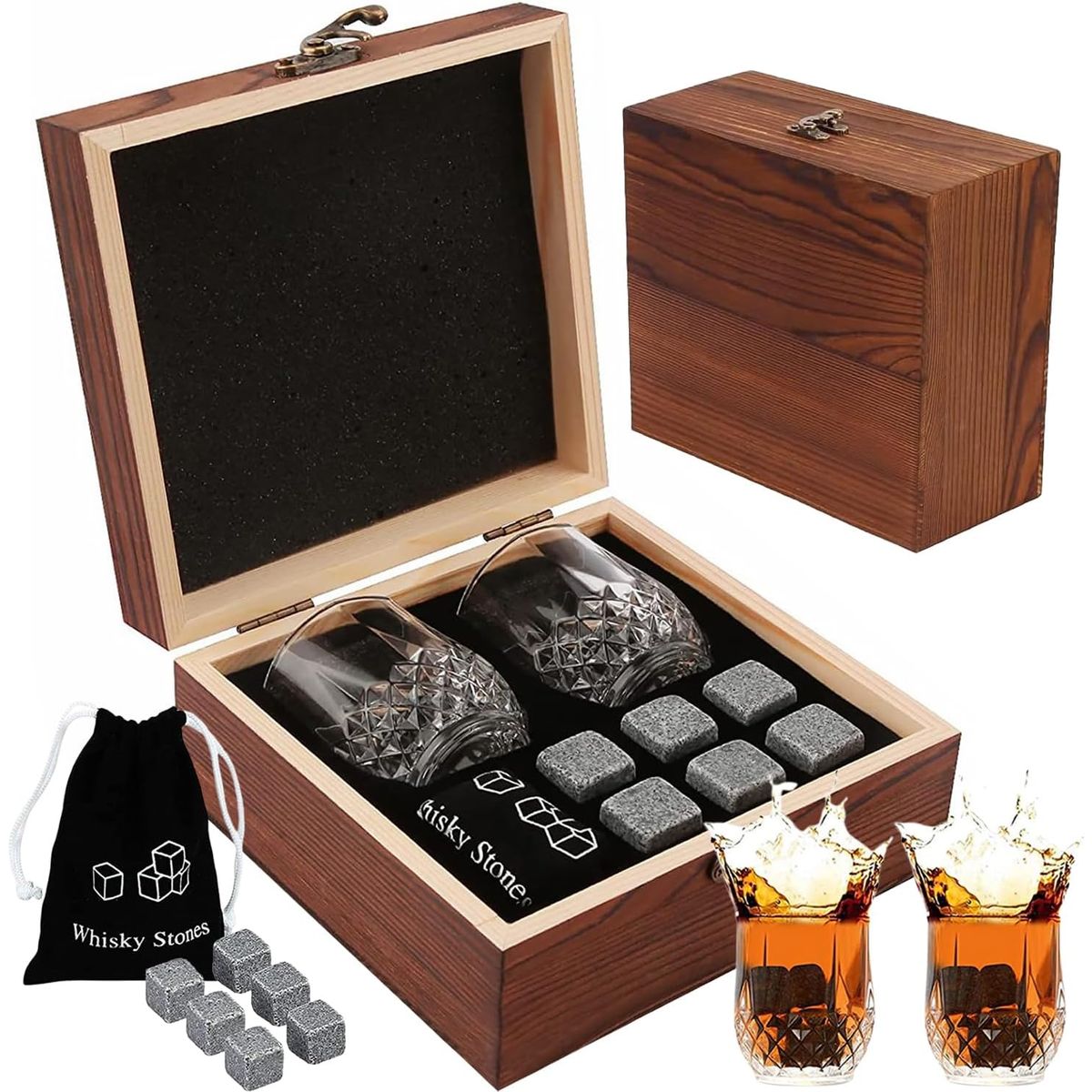 KUANGYE - Whiskey Stones Set Granito Chill+2 Vasos Whiskey Caja Madera