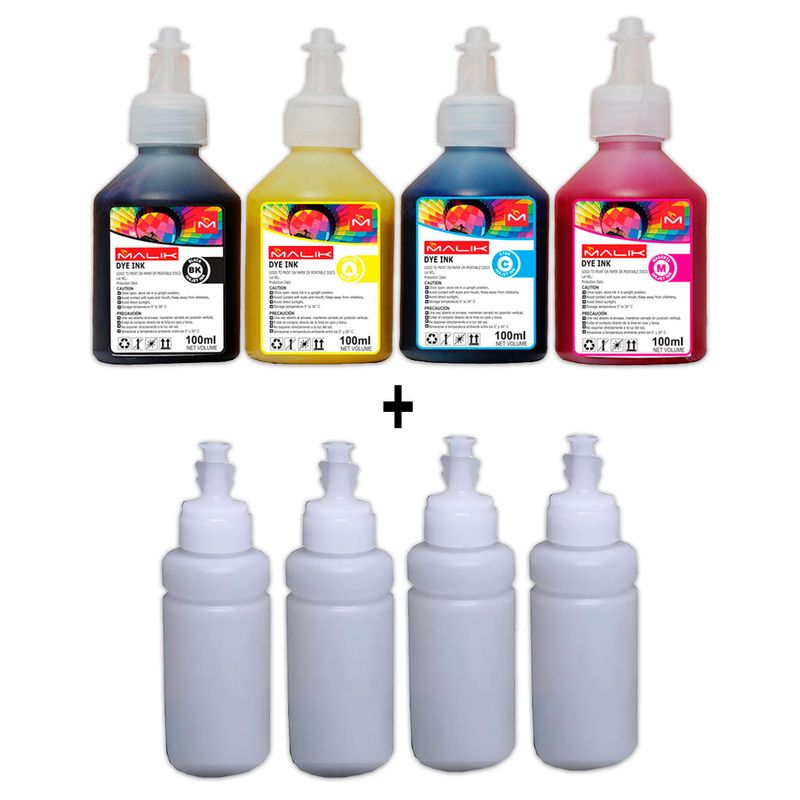 MALIK - Pack 4 Tintas + 4 Botellas vacias para Epson Ecotank L455