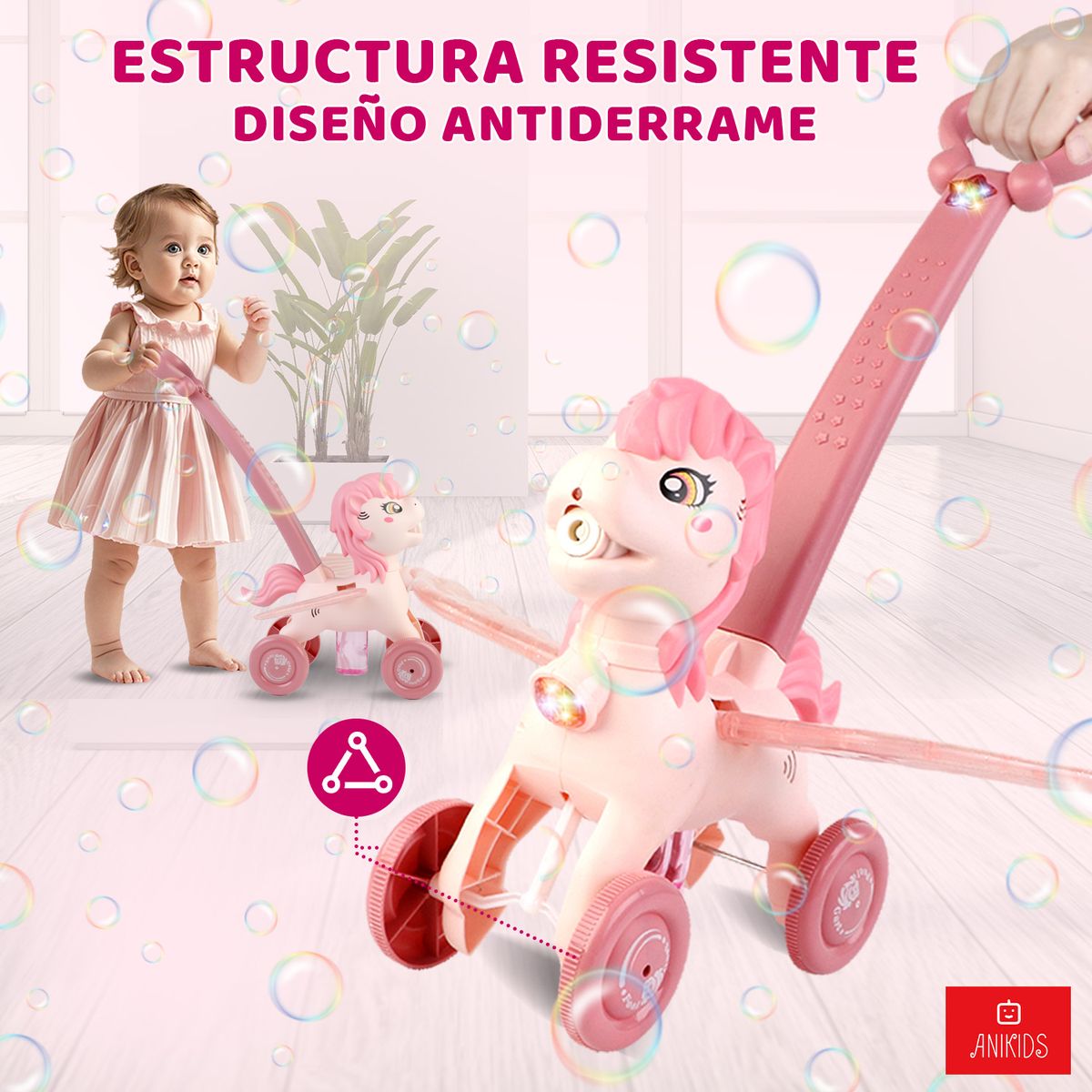 ANIKIDS - Lanzador Burbujas Juguete Niños Niñas Carrito Unicornio Rosa
