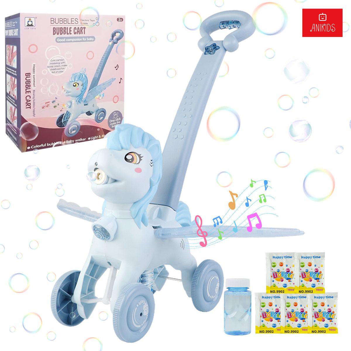 ANIKIDS - Lanzador Burbujas Juguete Niños Niñas Carrito Unicornio Azul
