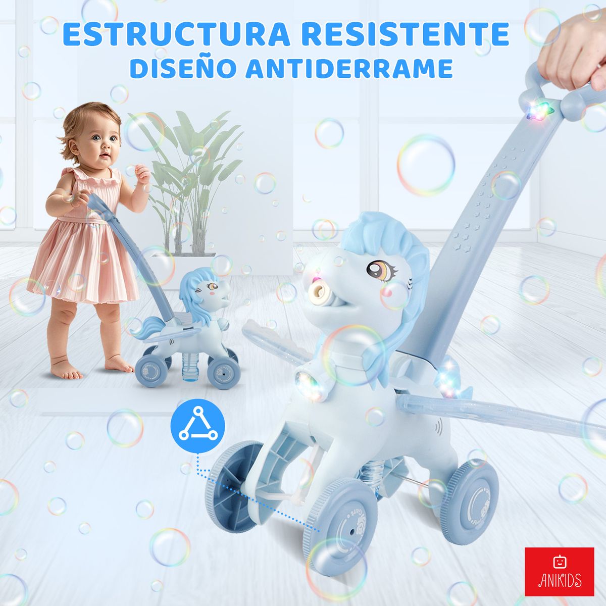 ANIKIDS - Lanzador Burbujas Juguete Niños Niñas Carrito Unicornio Azul