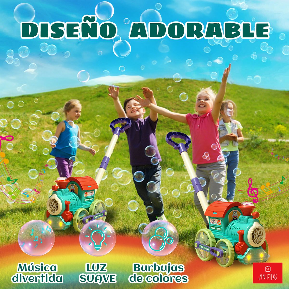 ANIKIDS - Lanza Burbujas Juguete Niños Niñas Burbujero Mini-tren Verde