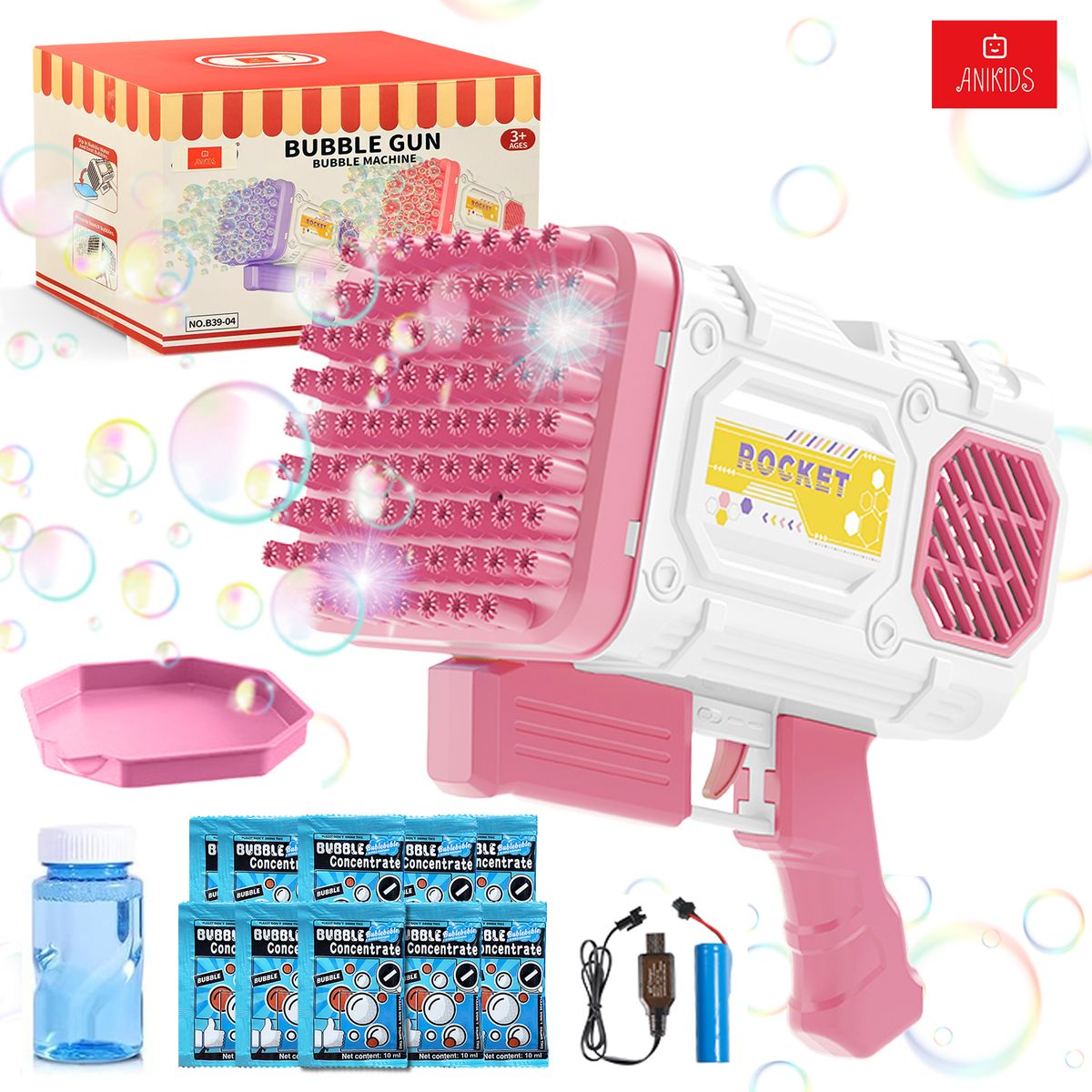 ANIKIDS - Pistola Lanza Burbujas Bazooka 86 Agujeros Luz Juguete Niñas