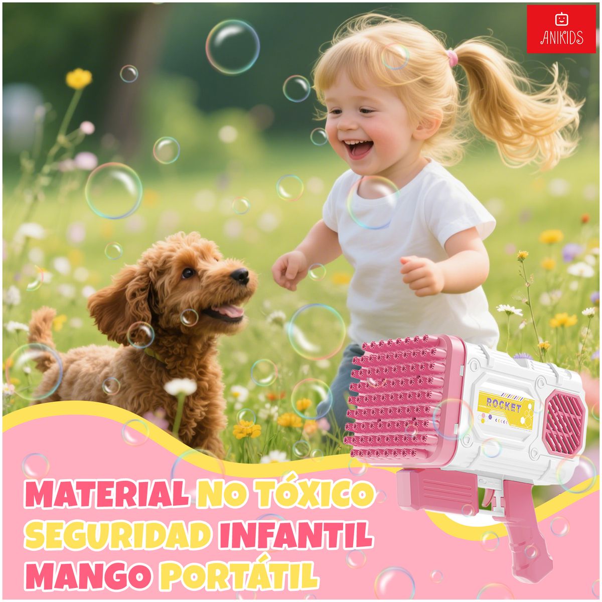 ANIKIDS - Pistola Lanza Burbujas Bazooka 86 Agujeros Luz Juguete Niñas
