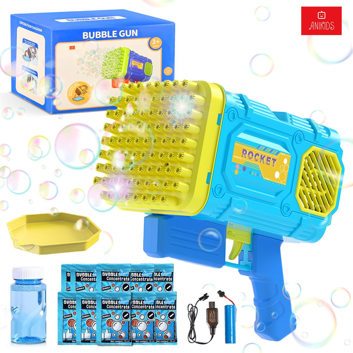 ANIKIDS - Pistola Lanza Burbujas Bazooka 86 Agujeros Luz Juguete Niños