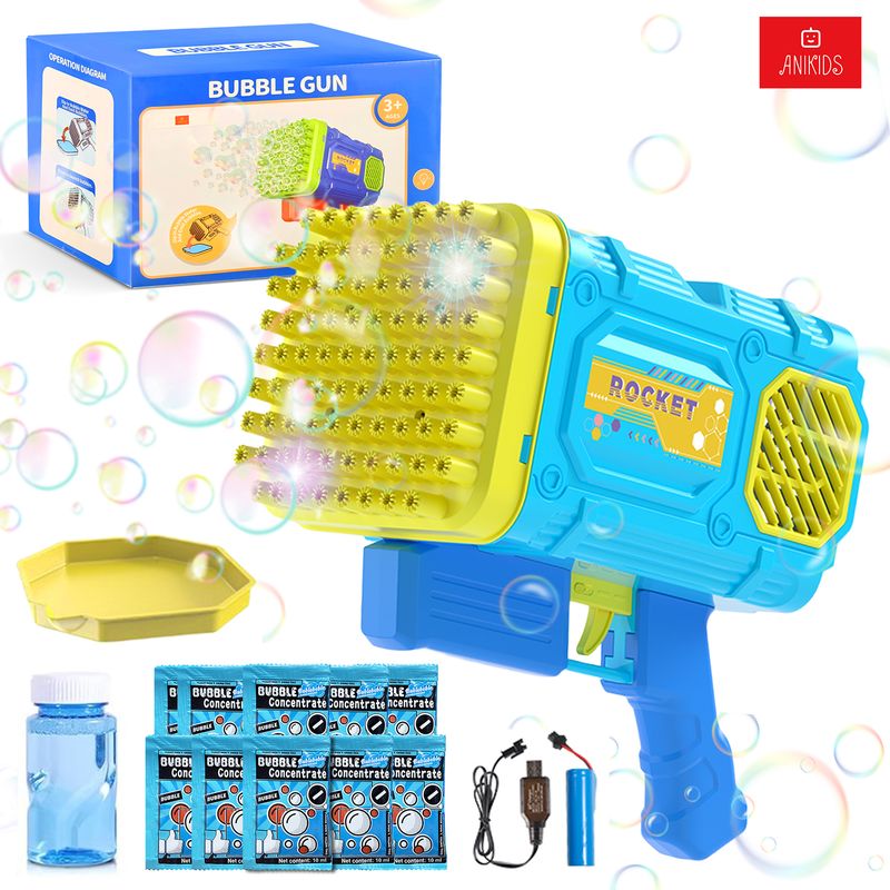 ANIKIDS - Pistola Lanza Burbujas Bazooka 86 Agujeros Luz Juguete Niños
