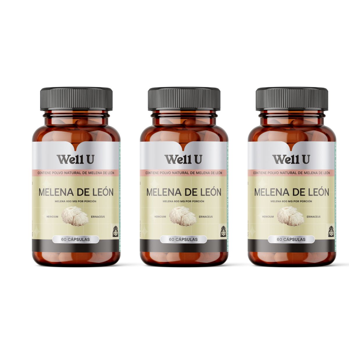 WELL U - PACK X 3 MELENA DE LEON 600 MG 60 CAPSULAS WELL U
